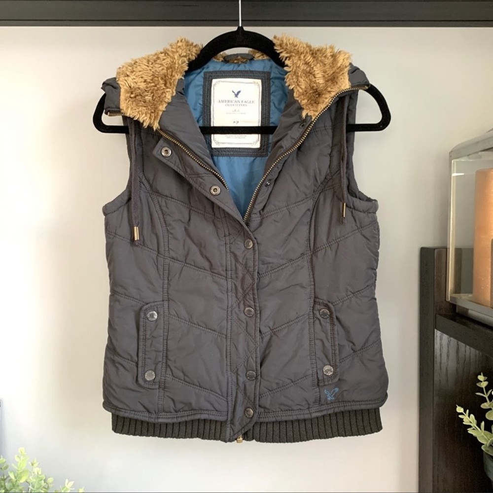 AE American Eagle Puffer Vest Fur Hood (Blue) S
